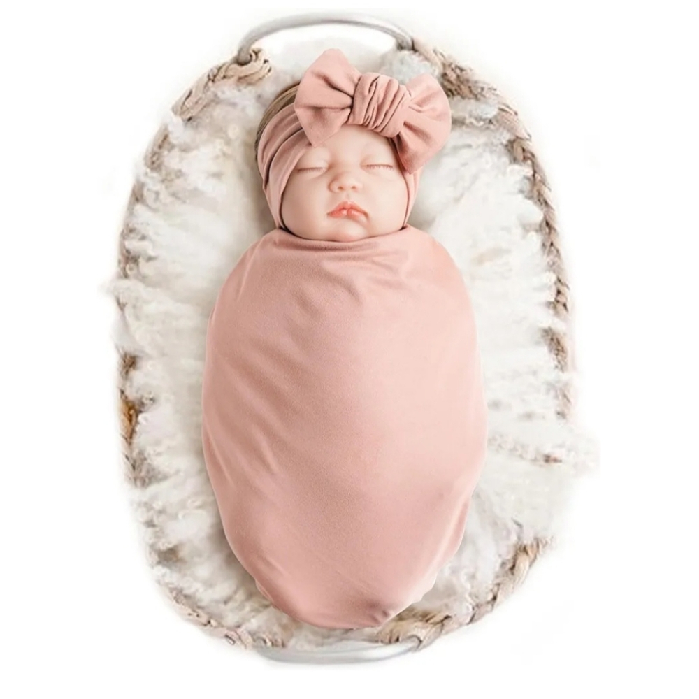 Ultra Soft Pink Baby Swaddle Nursing Receiving Blanket Headband Set 32" x 32"